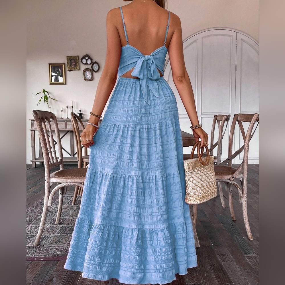 Summer Casual Backless Tie Strap Ruffle Hem Cami Dress - Picture 5 of 5